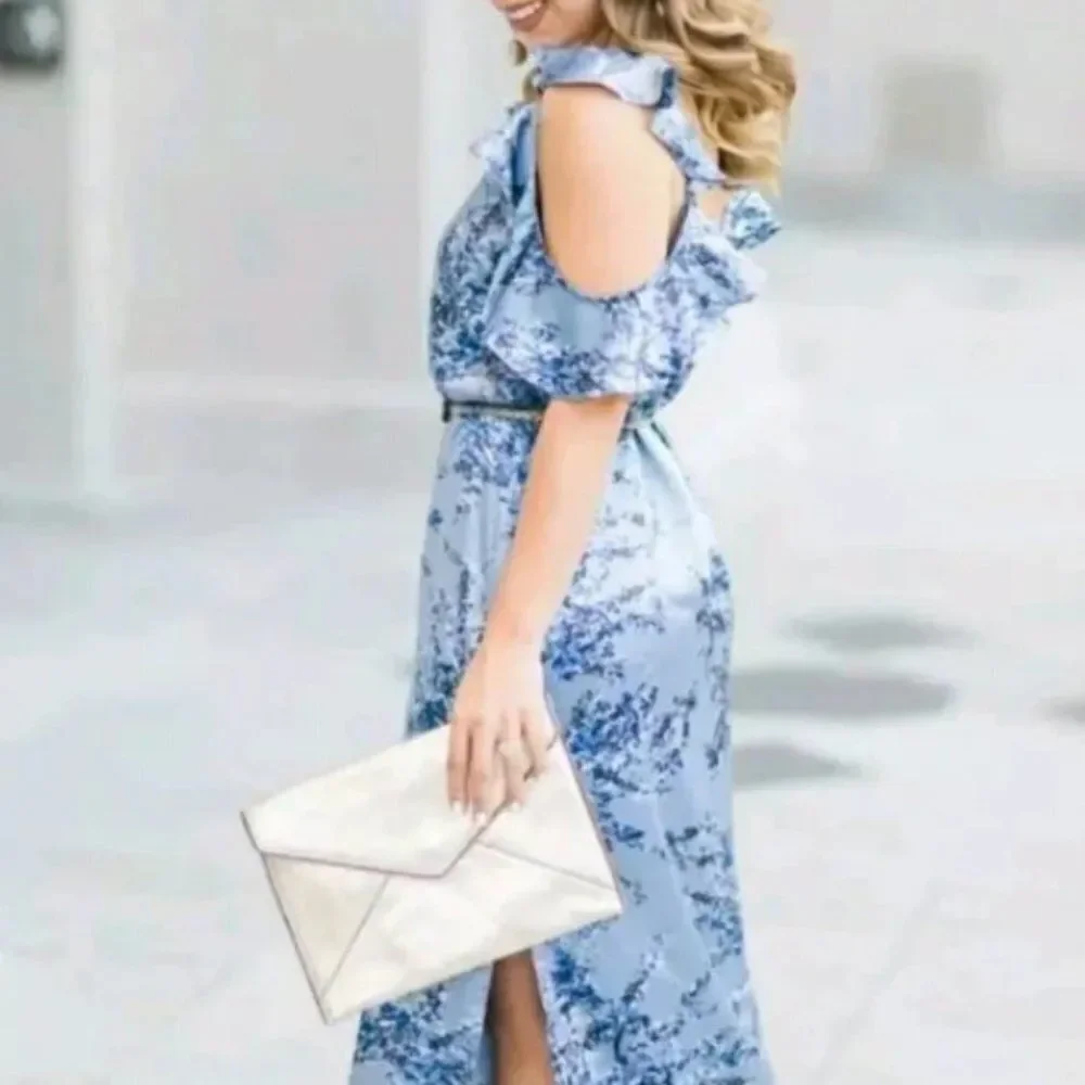 WAYF Quinn Floral Satin Midi Slip Dress Cold Shoulder Side Slit Ruffles Blue S